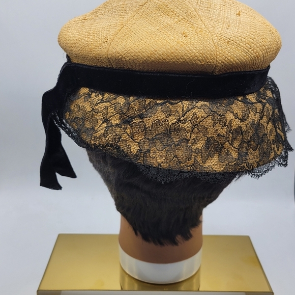 Spring Straw Lace Hat By Saks Fifth Avenue •Elegant Black & Tan Women's Hat - Picture 3 of 6